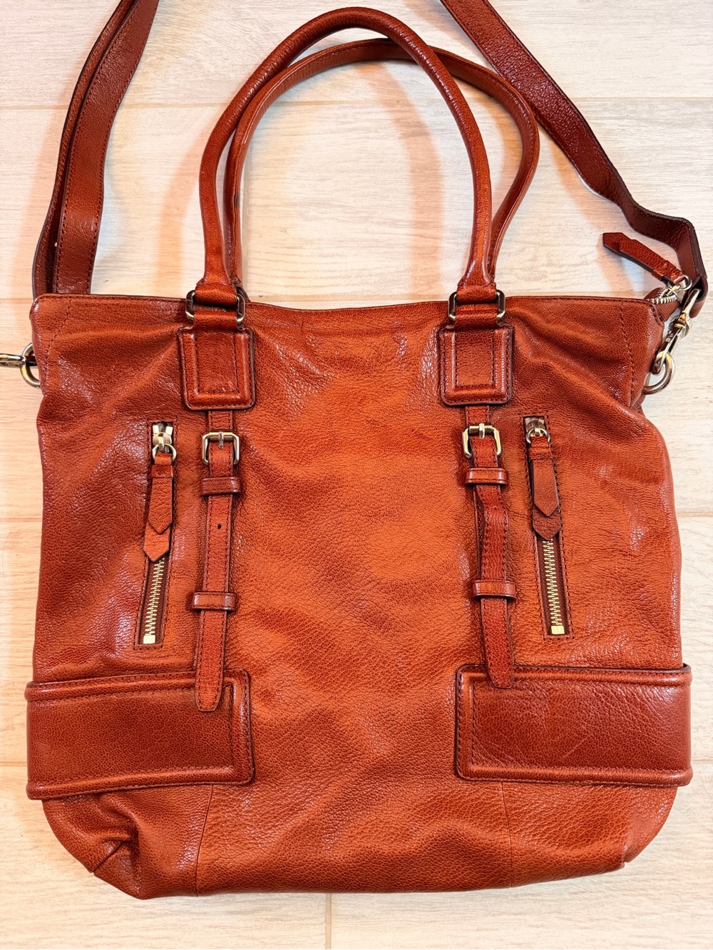Cole Haan Rust Brown Leather Messenger/Tote Bag with Gold Hardware